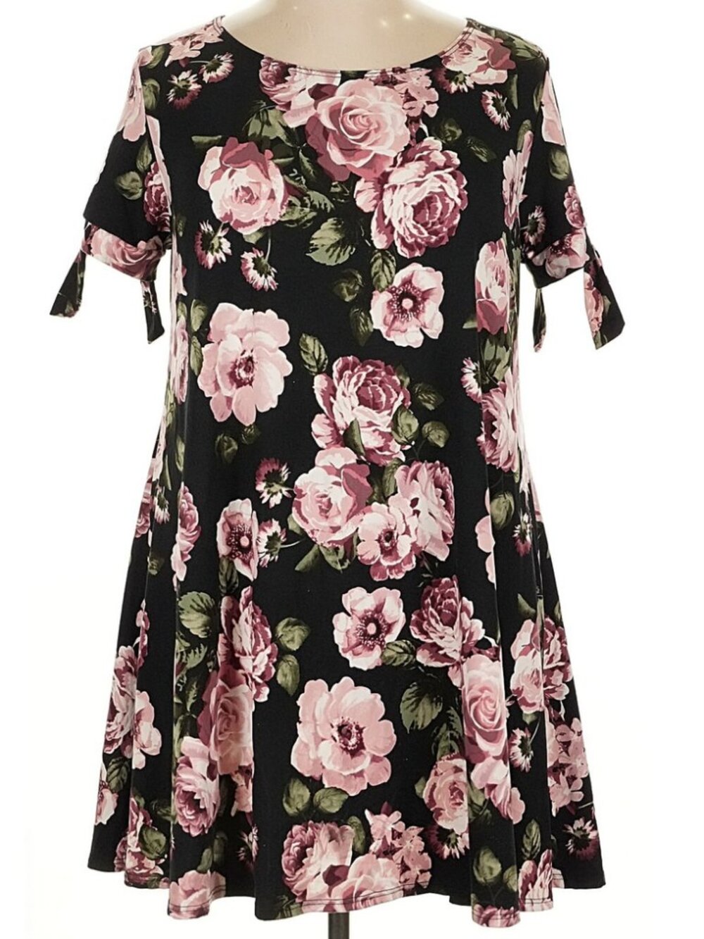 Pink Rose Floral Print Tie-Sleeve Tunic Dress